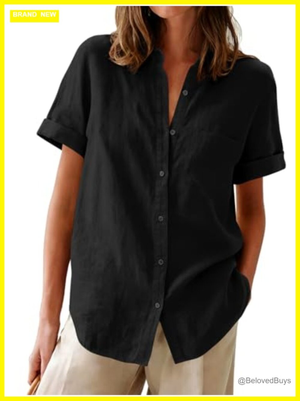 Womens Oxford Button Down Shirt Short Sleeve V Neck Collared Blouse